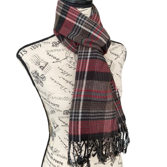 Made in England 100% Cashmere Red & Black Plaid Fringed Scarf Unisex - Picture 2 of 9
